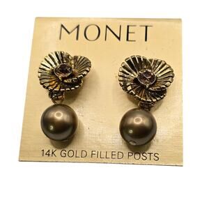 Monet Earrings Flower Dangle Gold Tone Bronze Pierced 14K Gold Filled Post S2938